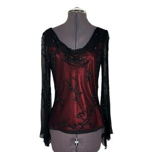 Cache Vintage Y2K Beaded Silk Red Lined Cowl Neck Long Sleeve Romantic Blouse M